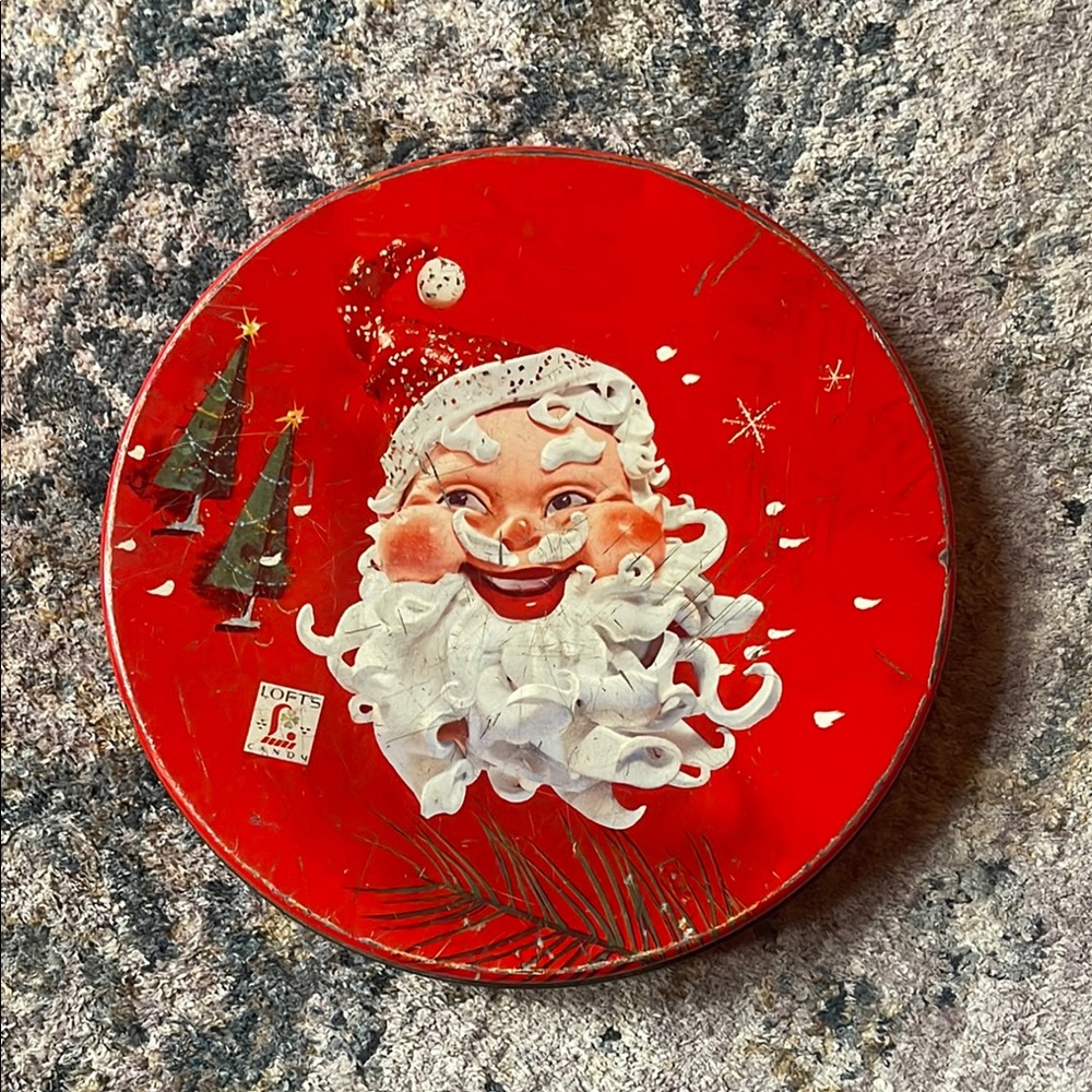 Vtg Lofts Candy Santa Tin 10" MCM Retro Christmas Flat Round Metal Container